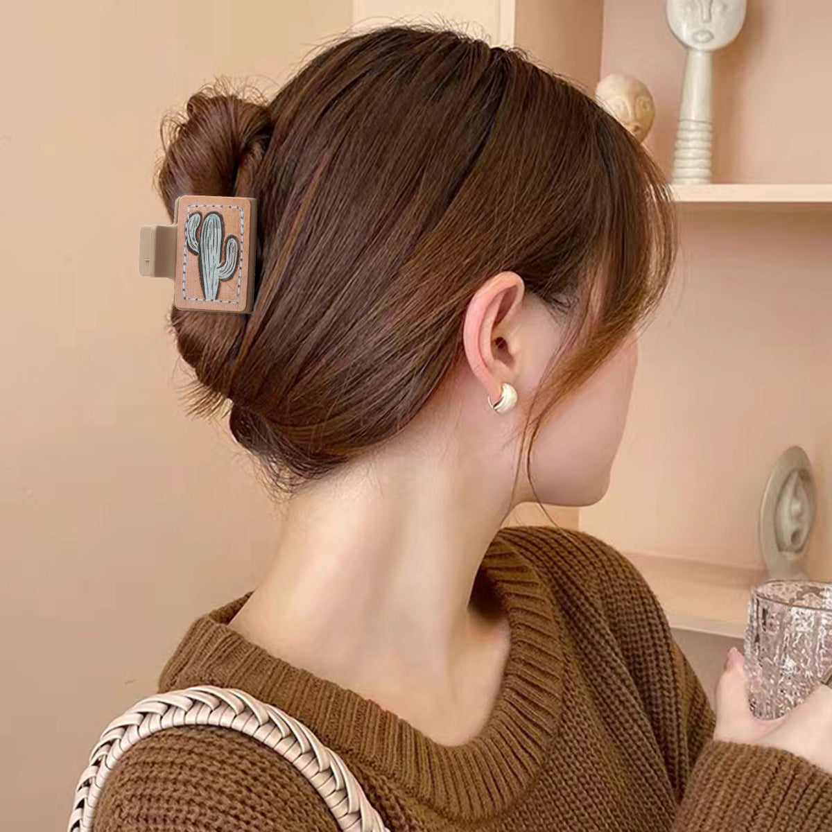 Wholesale Western Style Cactus Butterfly Flower Leather Hairpin Women Shark Clip